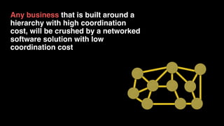 Any business that is built around a
hierarchy with high coordination
cost, will be crushed by a networked
software solution with low
coordination cost
 