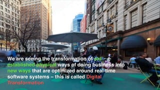 We are seeing the transformation of old
established physical ways of doing business into
new ways that are optimized around real-time
software systems – this is called Digital
Transformation
 