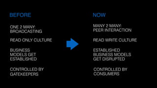 MANY 2 MANY:  
PEER INTERACTION
ESTABLISHED
BUSINESS MODELS
GET DISRUPTED
READ WRITE CULTURE
ONE 2 MANY:  
BROADCASTING
BUSINESS
MODELS GET
ESTABLISHED
READ ONLY CULTURE
BEFORE NOW
CONTROLLED BY
GATEKEEPERS
CONTROLLED BY
CONSUMERS
 