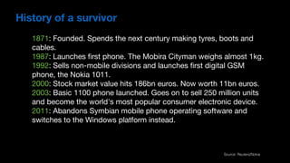 1871: Founded. Spends the next century making tyres, boots and
cables.

1987: Launches ﬁrst phone. The Mobira Cityman weighs almost 1kg.

1992: Sells non-mobile divisions and launches ﬁrst digital GSM
phone, the Nokia 1011.

2000: Stock market value hits 186bn euros. Now worth 11bn euros.

2003: Basic 1100 phone launched. Goes on to sell 250 million units
and become the world's most popular consumer electronic device.

2011: Abandons Symbian mobile phone operating software and
switches to the Windows platform instead.
Source: Reuters/Nokia
History of a survivor
 