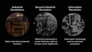 Industrial  
Revolutions
Water and steam powered
factories
Second Industrial
Revolution
Electricity harnessed to
power factories, light up
houses, home appliances
Information
Revolution
Information technology
used to automate
processes
 