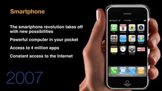 2007
Smartphone
The smartphone revolution takes off
with new possibilities
Powerful computer in your pocket
Access to 4 million apps
Constant access to the Internet
 