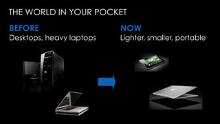 Desktops, heavy laptops Lighter, smaller, portable
BEFORE NOW
THE WORLD IN YOUR POCKET
 
