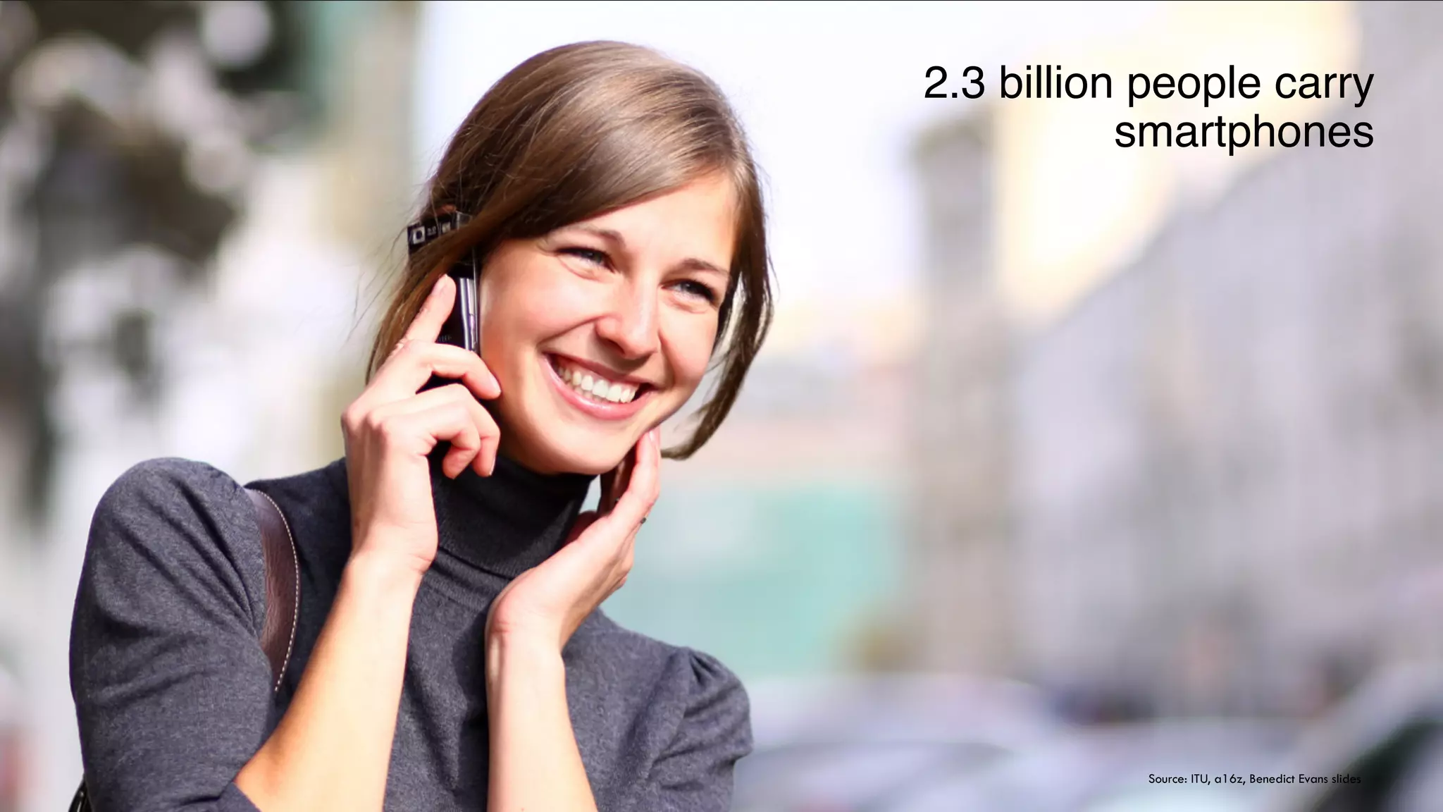 2.3 billion people carry 
smartphones
Source: ITU, a16z, Benedict Evans slides
 