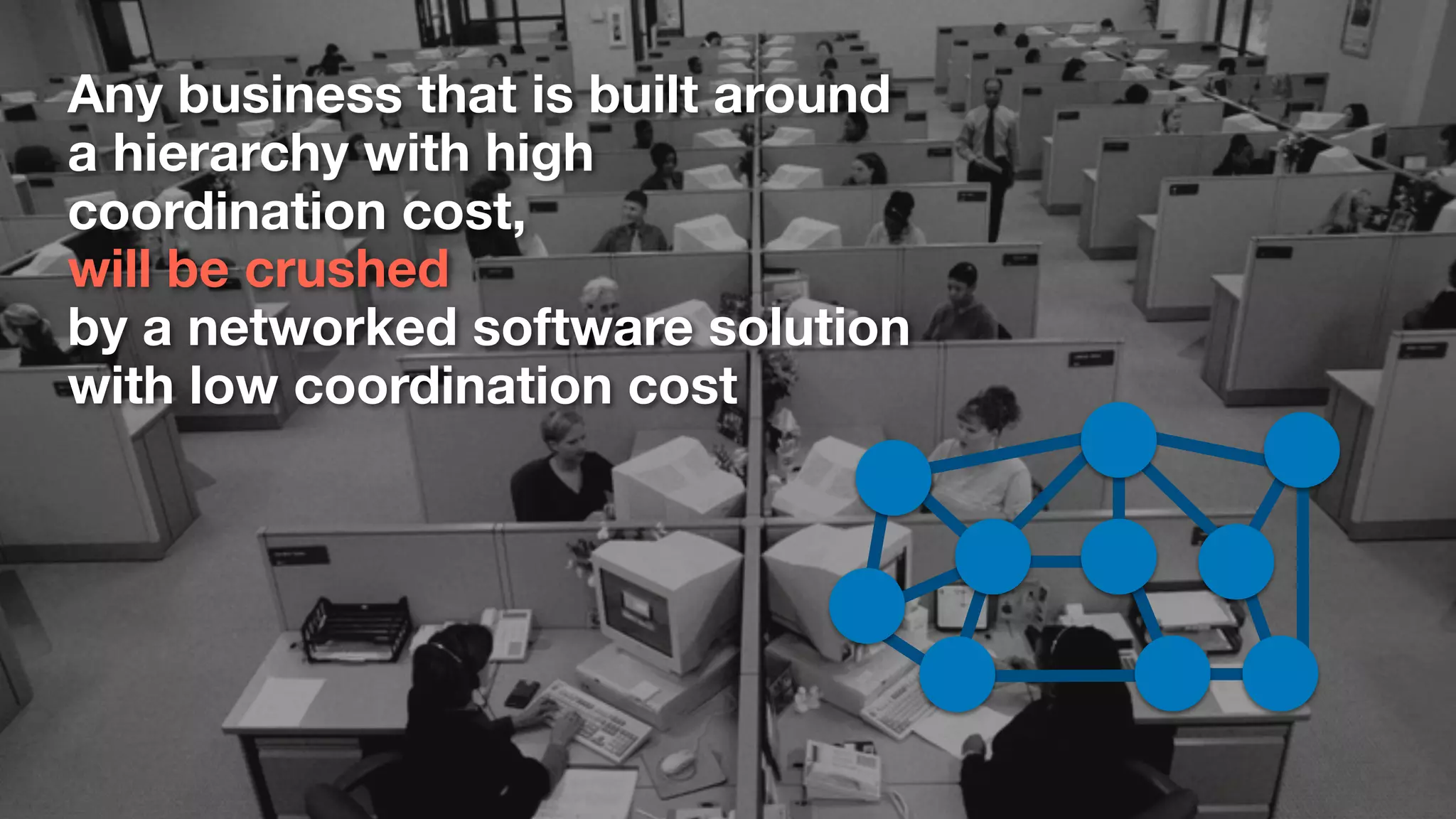Any business that is built around
a hierarchy with high
coordination cost,  
will be crushed  
by a networked software solution
with low coordination cost
 