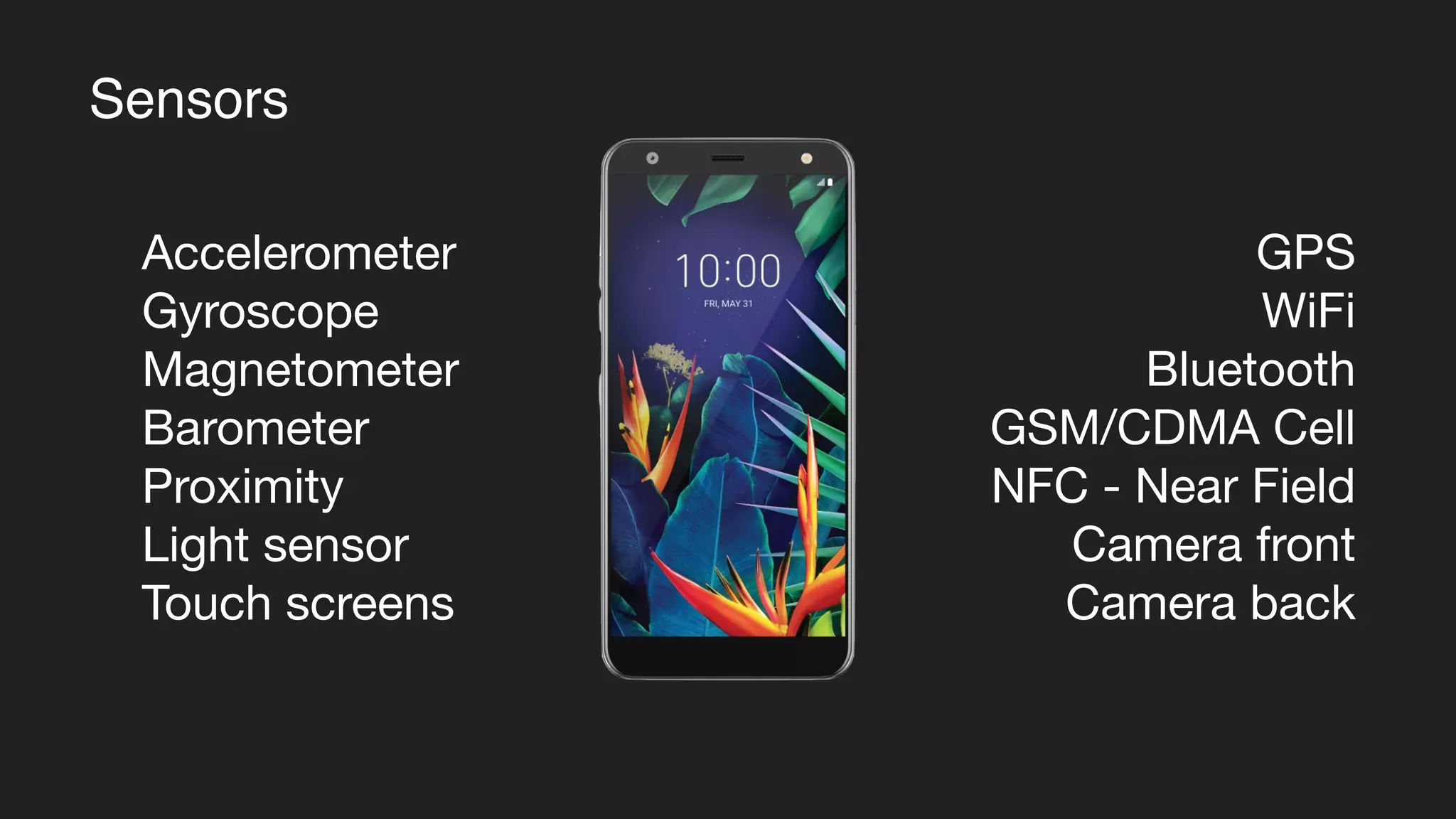 Accelerometer

Gyroscope

Magnetometer

Barometer

Proximity

Light sensor

Touch screens
GPS

WiFi

Bluetooth

GSM/CDMA Cell

NFC - Near Field

Camera front

Camera back
Sensors
 