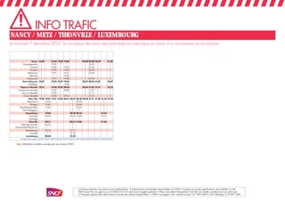 • • Informations actualisées disponibles sur SNCF Connect ou autres applications de mobilité, le site
TER Grand Est, en gare ou au 0 805 415 415 (service et appel gratuits).
• Transport gratuit des vélos dans la limite des places disponibles. • SNCF Voyageurs SA, capital social 157 789 960 €, RCS Bobigny 519 037 584.
• Pour connaître l’empreinte CO2 de vos trajets, rendez-vous sur sncf.com.
Nancy 18.50 18.58 19.20 19.28 20.20 20.28 20.50 21.50
Champigneulles | 19.03 | | | 20.33 | |
Frouard | 19.06 | 19.35 | 20.36 | |
Pompey | 19.09 | 19.38 | 20.40 | |
Marbache | 19.12 | 19.41 | 20.44 | |
Belleville | | | 19.44 | | | |
Dieulouard | 19.17 | 19.48 | 20.49 | |
Pont-à-Mousson 19.07 19.23 19.37 19.53 20.37 20.55 21.07 22.07
Vandières | | | 19.58 | | | |
Pagny-sur-Moselle 19.15 19.30 19.45 20.03 20.45 21.02 21.15 22.15
Novéant-sur-Moselle | 19.35 | 20.08 | 21.07 | |
Ancy-sur-Moselle | 19.39 | | | 21.11 | |
Ars-sur-Moselle | 19.43 | 20.13 | 21.14 | |
Metz-Ville 19.28 19.42 19.51 19.58 20.21 20.27 20.38 20.58 21.21 21.28 21.33 22.28
Metz-Nord 19.46 | 20.42 |
Woippy 19.48 | 20.44 |
Maizières-lès-Metz 19.54 | 20.50 |
Parc Walygator | | | |
Hagondange 19.58 20.38 20.55 21.45
Uckange 20.03 20.43 21.00 21.51
Hayange | | | |
Thionville 20.11 20.51 21.06 21.56
Hettange-Grande 20.22 |
ZOUFFTGEN FRONT XL | |
Bettembourg 20.35 21.11
Howald | 21.18
Luxembourg 20.45 21.22
Numéro de circulation 837573 88774 837575 837577 837579 88776 88778 837583 837585 837587 88780 837591
c Substitution routière assurée par car travaux SNCF
Le mercredi 7 décembre 2022, la circulation des trains sera perturbée sur votre ligne en raison d’un mouvement social national.
INFO TRAFIC
NANCY / METZ / THIONVILLE / LUXEMBOURG
 