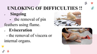 UNLOKING OF DIFFICULTIES !!
 Singeing
- the removal of pin
feathers using flame.
 Evisceration
- the removal of viscera or
internal organs.
 