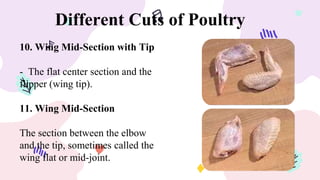 Different Cuts of Poultry
10. Wing Mid-Section with Tip
- The flat center section and the
flipper (wing tip).
11. Wing Mid-Section
The section between the elbow
and the tip, sometimes called the
wing flat or mid-joint.
 