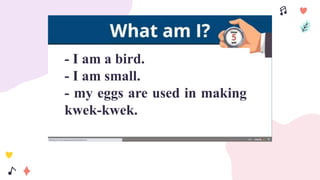 - I am a bird.
- I am small.
- my eggs are used in making
kwek-kwek.
 