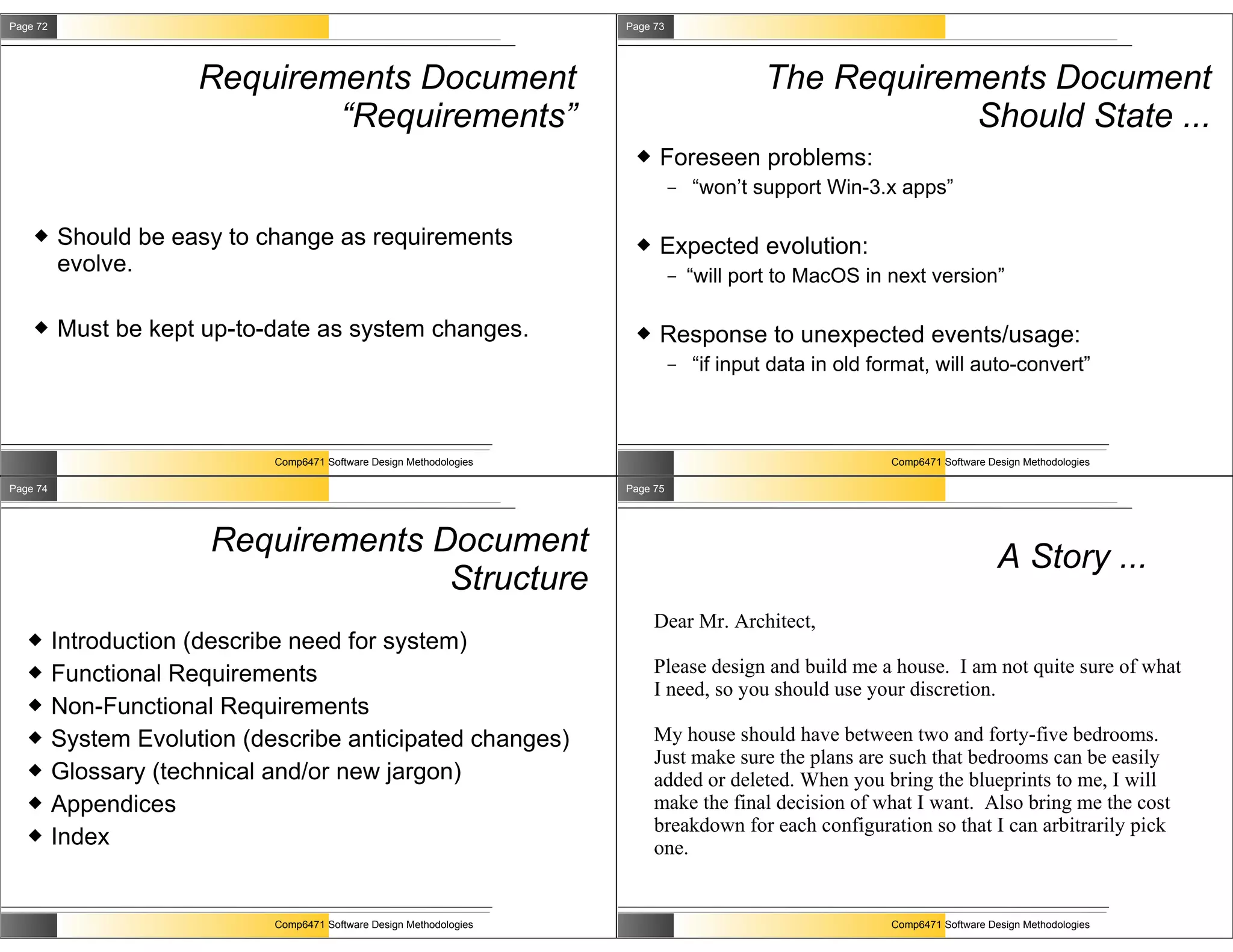 Page 72                                                                Page 73




                       Requirements Document                                                 The Requirements Document
                               “Requirements”                                                            Should State ...
                                                                            Foreseen problems:
                                                                                 –   “won’t support Win-3.x apps”

         Should be easy to change as requirements                          Expected evolution:
          evolve.                                                                –   “will port to MacOS in next version”

         Must be kept up-to-date as system changes.                        Response to unexpected events/usage:
                                                                                 –   “if input data in old format, will auto-convert”



                              Comp6471 Software Design Methodologies                                         Comp6471 Software Design Methodologies

Page 74                                                                Page 75




                        Requirements Document                                                                                    A Story ...
                                      Structure
                                                                            Dear Mr. Architect,
         Introduction (describe need for system)
         Functional Requirements                                           Please design and build me a house. I am not quite sure of what
                                                                            I need, so you should use your discretion.
         Non-Functional Requirements
         System Evolution (describe anticipated changes)                   My house should have between two and forty-five bedrooms.
                                                                            Just make sure the plans are such that bedrooms can be easily
         Glossary (technical and/or new jargon)                            added or deleted. When you bring the blueprints to me, I will
         Appendices                                                        make the final decision of what I want. Also bring me the cost
                                                                            breakdown for each configuration so that I can arbitrarily pick
         Index                                                             one.


                              Comp6471 Software Design Methodologies                                         Comp6471 Software Design Methodologies
 