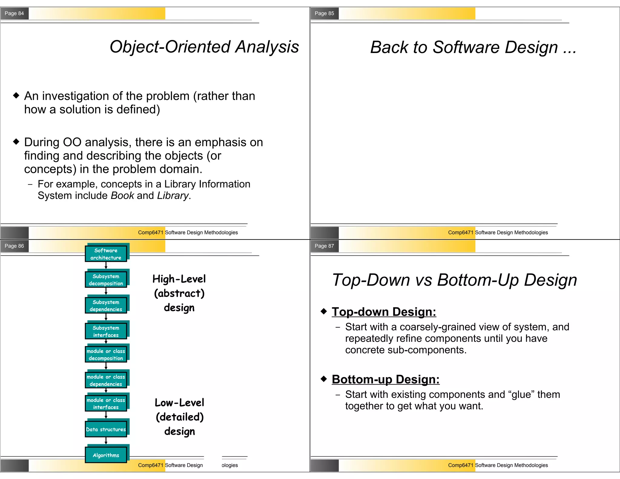 Page 84                                                                            Page 85




                                Object-Oriented Analysis                                              Back to Software Design ...

         An investigation of the problem (rather than
          how a solution is defined)

         During OO analysis, there is an emphasis on
          finding and describing the objects (or
          concepts) in the problem domain.
          –   For example, concepts in a Library Information
              System include Book and Library.


                                          Comp6471 Software Design Methodologies                                       Comp6471 Software Design Methodologies

Page 86                                                                            Page 87
                          Software
                         architecture


                          Subsystem
                         decomposition
                                               High-Level                               Top-Down vs Bottom-Up Design
                                               (abstract)
                          Subsystem
                         dependencies            design                                 Top-down Design:
                          Subsystem                                                          –   Start with a coarsely-grained view of system, and
                          interfaces
                                                                                                 repeatedly refine components until you have
                        module or class                                                          concrete sub-components.
                         decomposition


                        module or class
                         dependencies
                                                                                        Bottom-up Design:
                                                                                             –   Start with existing components and “glue” them
                        module or class
                          interfaces
                                                Low-Level                                        together to get what you want.
                                                (detailed)
                        Data structures
                                                  design

                          Algorithms
                                          Comp6471 Software Design Methodologies                                       Comp6471 Software Design Methodologies
 