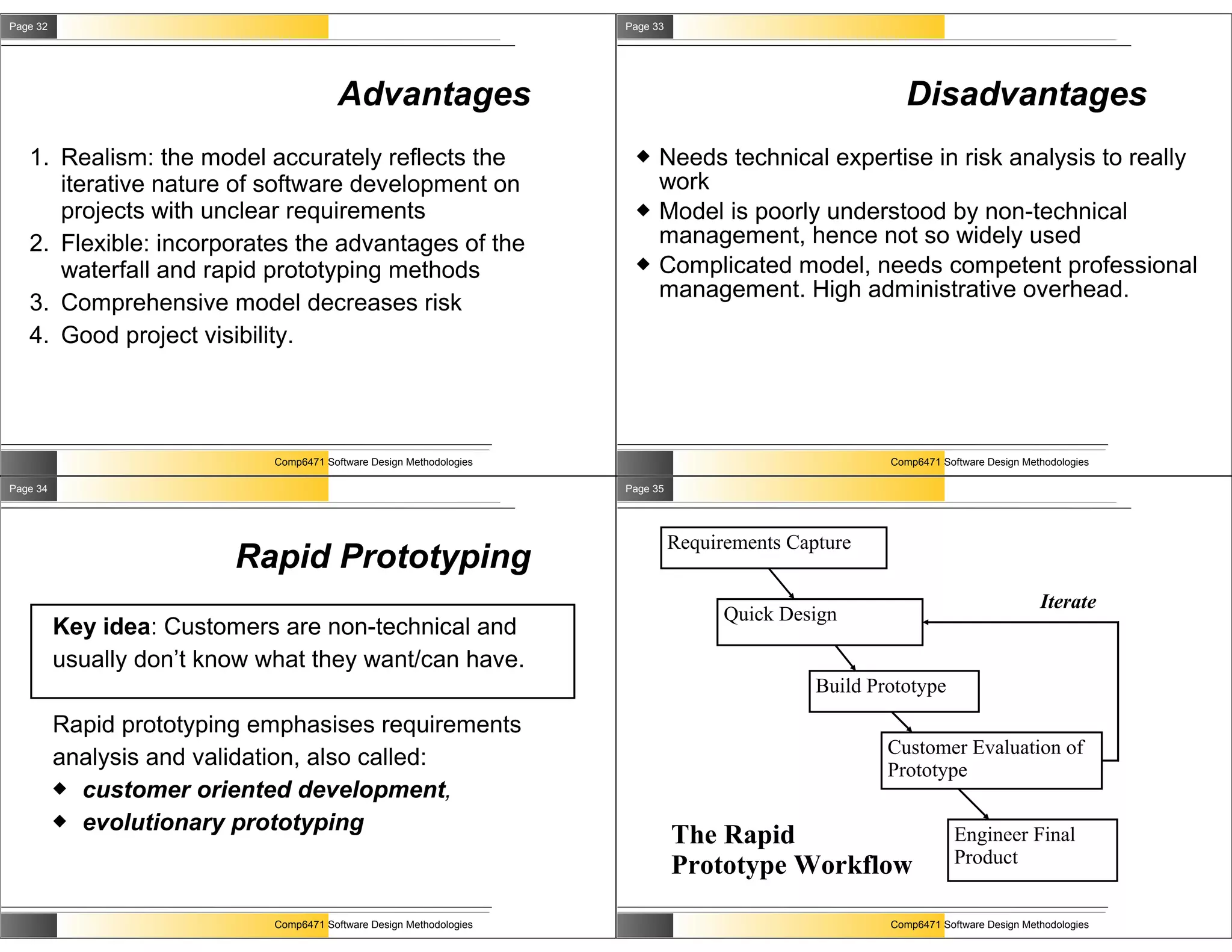 Page 32                                                                Page 33




                                          Advantages                                                       Disadvantages
   1. Realism: the model accurately reflects the                            Needs technical expertise in risk analysis to really
      iterative nature of software development on                            work
      projects with unclear requirements                                    Model is poorly understood by non-technical
   2. Flexible: incorporates the advantages of the                           management, hence not so widely used
      waterfall and rapid prototyping methods                               Complicated model, needs competent professional
                                                                             management. High administrative overhead.
   3. Comprehensive model decreases risk
   4. Good project visibility.




                              Comp6471 Software Design Methodologies                                     Comp6471 Software Design Methodologies

Page 34                                                                Page 35




                                                                                 Requirements Capture
                          Rapid Prototyping
                                                                                                                                     Iterate
                                                                                       Quick Design
          Key idea: Customers are non-technical and
          usually don’t know what they want/can have.
                                                                                                 Build Prototype
          Rapid prototyping emphasises requirements
                                                                                                         Customer Evaluation of
          analysis and validation, also called:                                                          Prototype
           customer oriented development,
           evolutionary prototyping
                                                                                 The Rapid                           Engineer Final
                                                                                 Prototype Workflow                  Product


                              Comp6471 Software Design Methodologies                                     Comp6471 Software Design Methodologies
 
