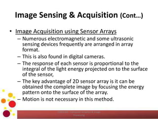 Image Sensing & Acquisition (Cont…)
COM2304 - Computer Graphics & Image
Processing
• Image Acquisition using Sensor Arrays
– Numerous electromagnetic and some ultrasonic
sensing devices frequently are arranged in array
format.
– This is also found in digital cameras.
– The response of each sensor is proportional to the
integral of the light energy projected on to the surface
of the sensor,
– The key advantage of 2D sensor array is it can be
obtained the complete image by focusing the energy
pattern onto the surface of the array.
– Motion is not necessary in this method.
 