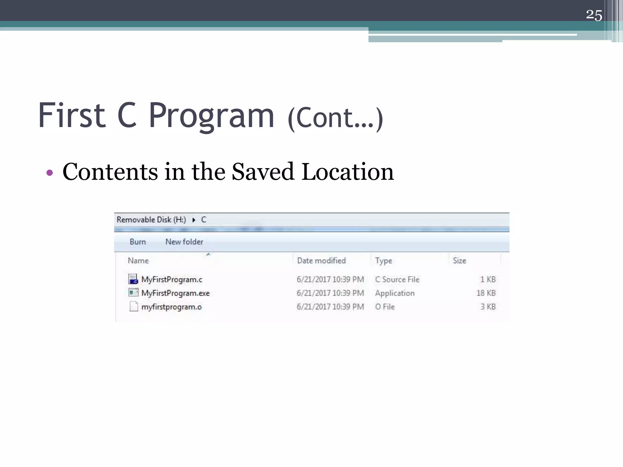 First C Program (Cont…)
• Contents in the Saved Location
25
 