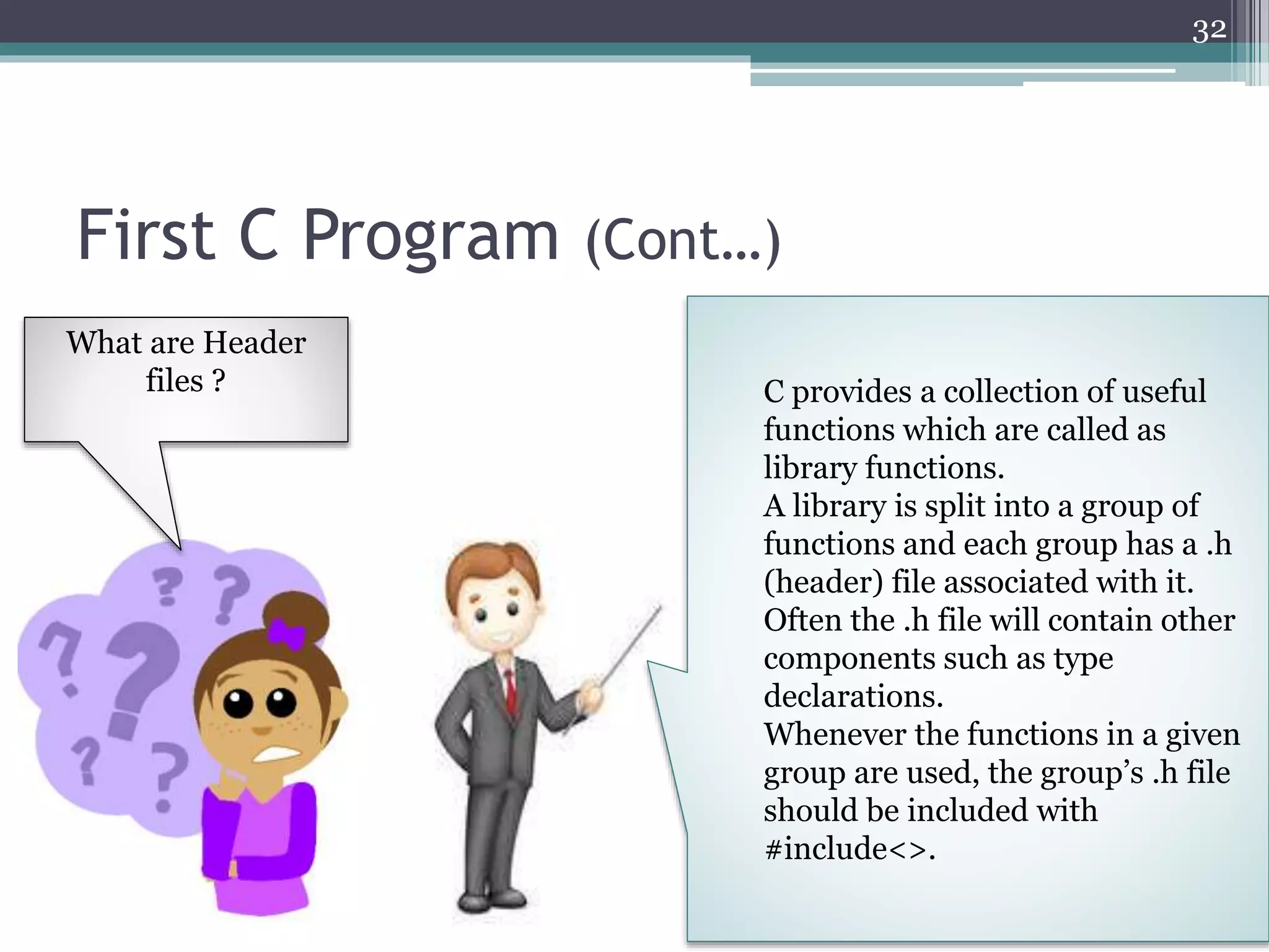First C Program (Cont…)
32
C provides a collection of useful
functions which are called as
library functions.
A library is split into a group of
functions and each group has a .h
(header) file associated with it.
Often the .h file will contain other
components such as type
declarations.
Whenever the functions in a given
group are used, the group’s .h file
should be included with
#include<>.
What are Header
files ?
 