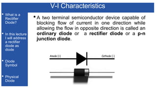 V-I Characteristics
• What is a
Rectifier
Diode?
• In this lecture
I will address
a rectifier
diode as
diode
• Diode
Symbol
• Physical
Diode
•A two terminal semiconductor device capable of
blocking flow of current in one direction while
allowing the flow in opposite direction is called an
ordinary diode or a rectifier diode or a p-n
junction diode.
 