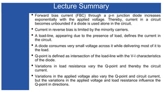 Lecture Summary
• Forward bias current (FBC) through a p-n junction diode increases
exponentially with the applied voltage. Thereby, current in a circuit
becomes unbounded if a diode is used alone in the circuit.
• Current in reverse bias is limited by the minority carriers.
• A load-line, appearing due to the presence of load, defines the current in
the circuit.
• A diode consumes very small voltage across it while delivering most of it to
the load.
• Q-point is defined as intersection of the load-line with the V-I characteristics
of the diode.
• Variations in load resistance vary the Q-point and thereby the circuit
current.
• Variations in the applied voltage also vary the Q-point and circuit current,
but the variations in the applied voltage and load resistance influence the
Q-point in directions.
 