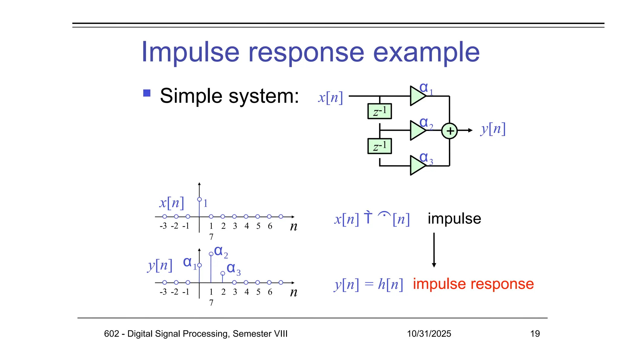 Impulse response example
 Simple system:
α
x[n]
y[n]
+
z-1
z-1
α2
α3
n
1 2 3 4 5 6
7
x[n] 1
-3 -2 -1
n
y[n]
1 2 3 4 5 6
7
α
-3 -2 -1
α
α
x[n]  [n] impulse
y[n] = h[n] impulse response
602 - Digital Signal Processing, Semester VIII 10/31/2025 19
 