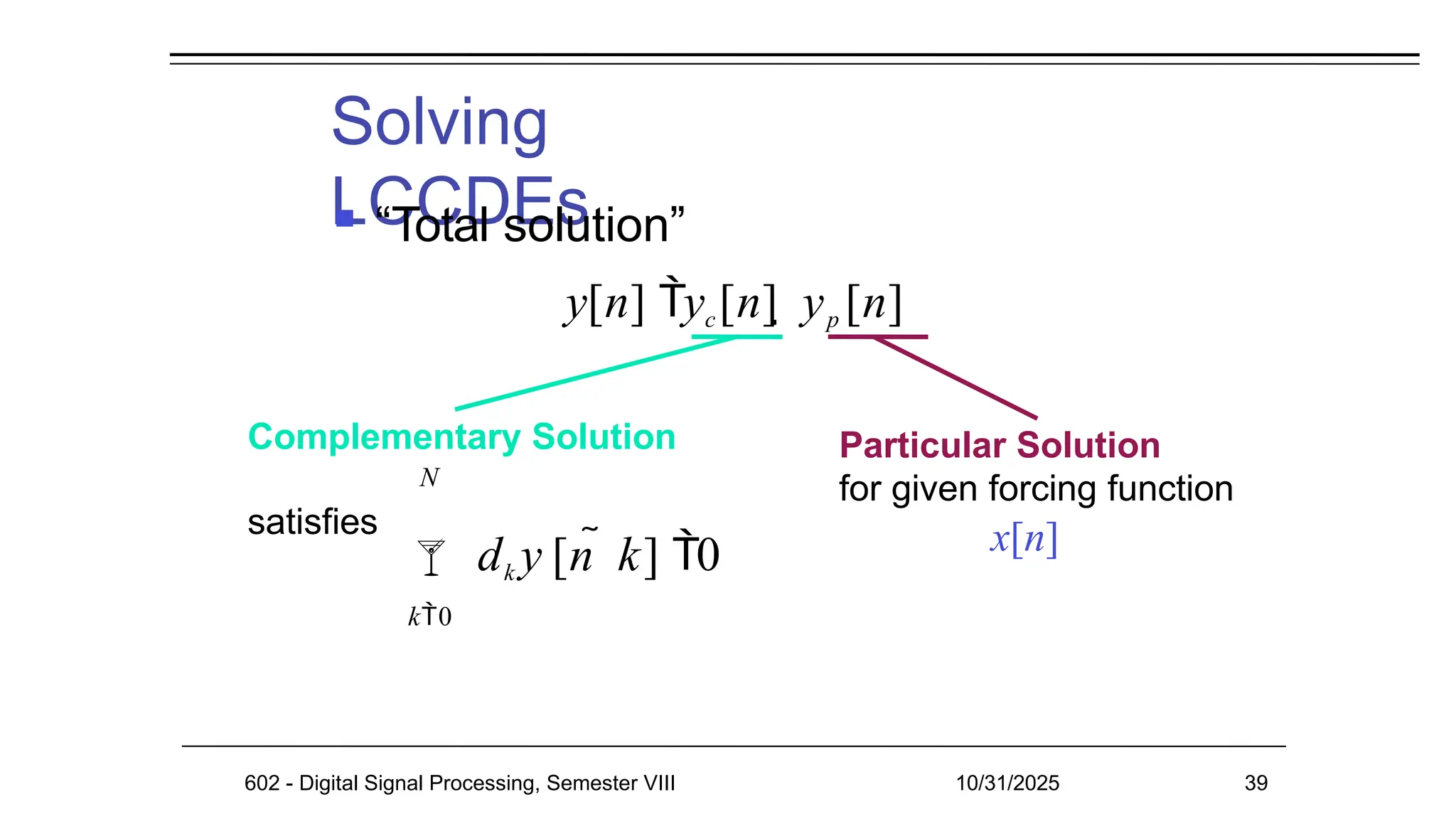 Solving
LCCDEs
 “Total solution”
y[n] yc[n]  yp [n]
Complementary Solution
N
satisfies
Particular Solution
for given forcing function
x[n]
602 - Digital Signal Processing, Semester VIII 10/31/2025 39
 dk y [n  k] 0
k0
 