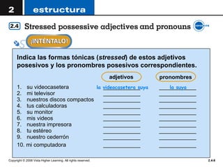 la videocasetera suya  la suya adjetivos pronombres 1.  su videocasetera ____________ ____________ 2.  mi televisor  ____________ ____________ 3.  nuestros discos compactos  ____________ ____________ 4.  tus calculadoras  ____________ ____________ 5.  su monitor  ____________ ____________ 6.  mis videos  ____________ ____________ 7.  nuestra impresora  ____________ ____________ 8.  tu estéreo  ____________ ____________ 9.  nuestro cederrón ____________ ____________ 10. mi computadora   ____________ ____________ Indica las formas tónicas ( stressed ) de estos adjetivos posesivos y los pronombres posesivos correspondientes. 
