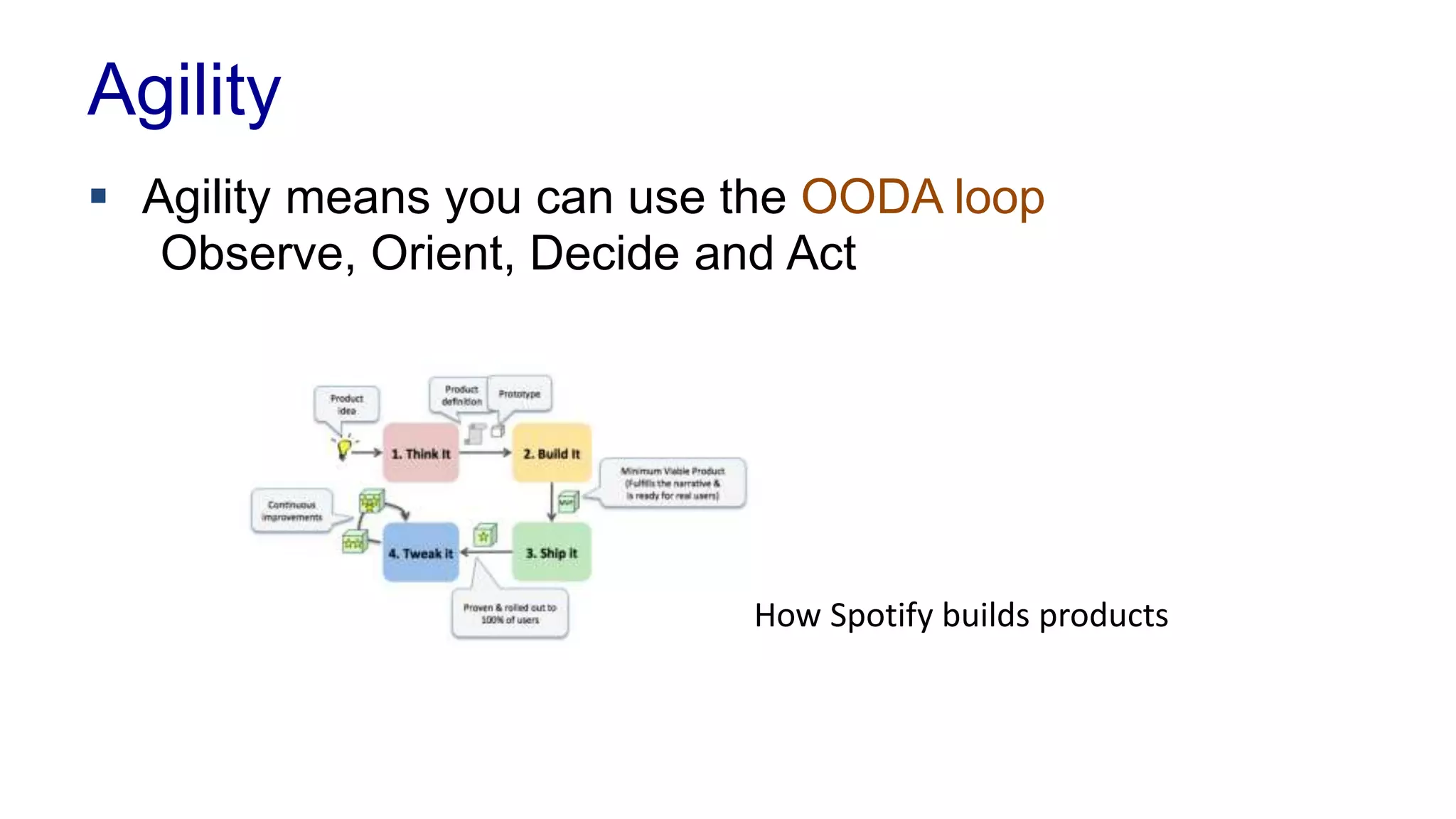 Agility 
 Agility means you can use the OODA loop 
Observe, Orient, Decide and Act 
How Spotify builds products 
 