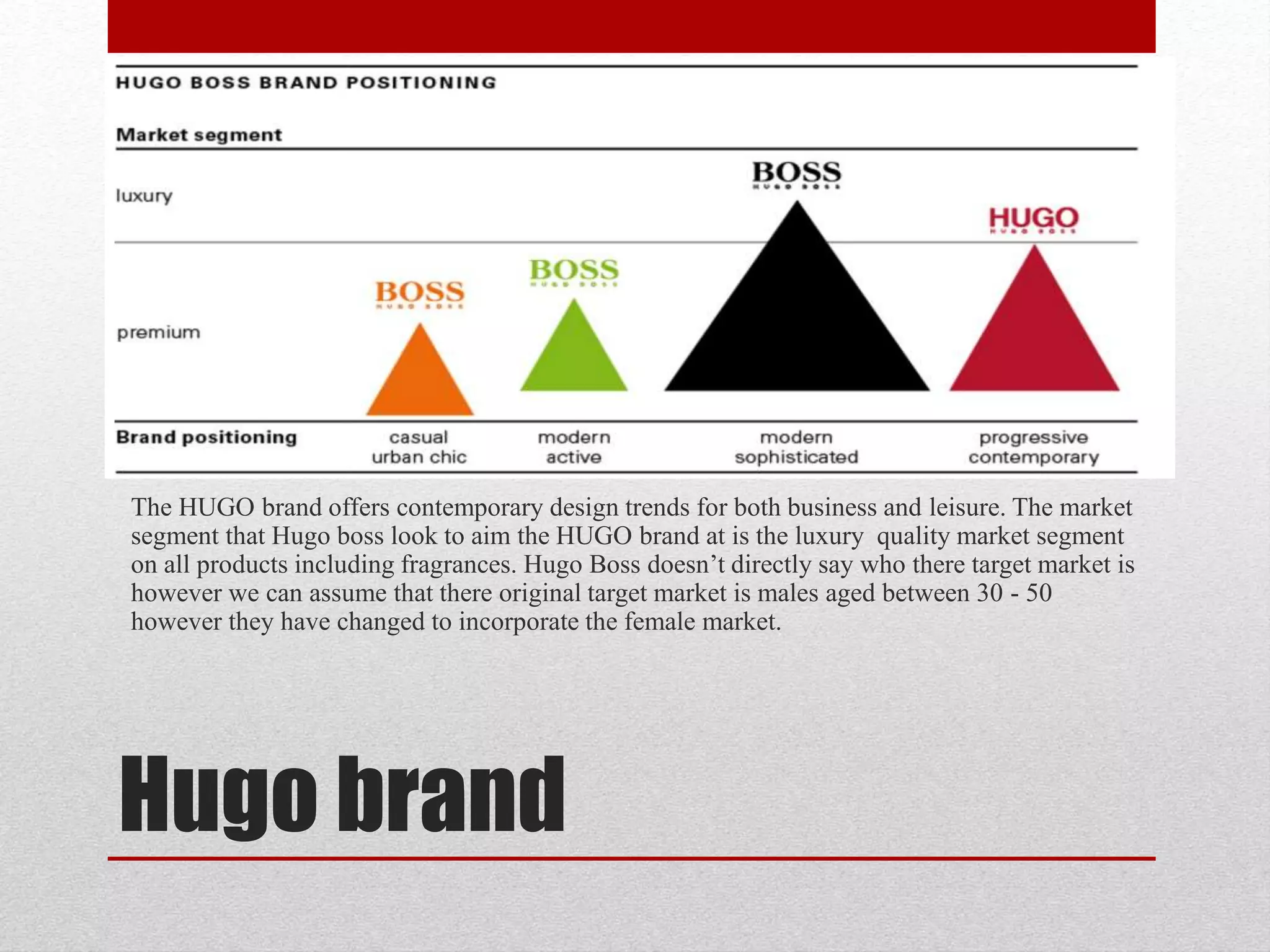 Hugo brand
The HUGO brand offers contemporary design trends for both business and leisure. The market
segment that Hugo boss look to aim the HUGO brand at is the luxury quality market segment
on all products including fragrances. Hugo Boss doesn’t directly say who there target market is
however we can assume that there original target market is males aged between 30 - 50
however they have changed to incorporate the female market.
 
