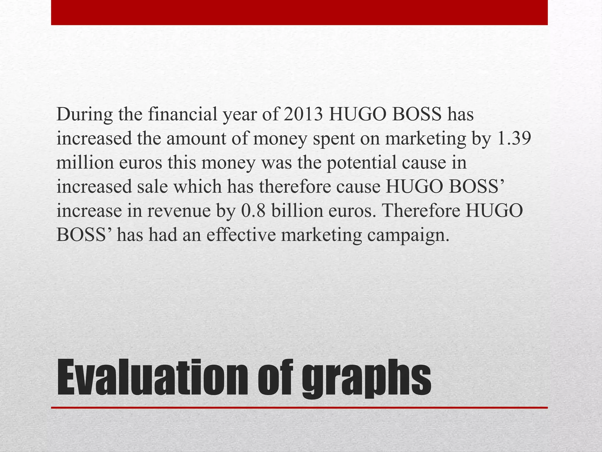 Evaluation of graphs
During the financial year of 2013 HUGO BOSS has
increased the amount of money spent on marketing by 1.39
million euros this money was the potential cause in
increased sale which has therefore cause HUGO BOSS’
increase in revenue by 0.8 billion euros. Therefore HUGO
BOSS’ has had an effective marketing campaign.
 