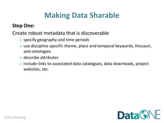 Data Sharing
Concern Solution
inappropriate use due to
misunderstanding of research
purpose or parameters
security and confidentiality of
sensitive data
lack of acknowledgement / credit
loss of advantage when competing
for research dollars
 