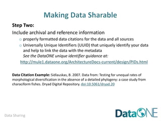 Data Sharing
Concern Solution
inappropriate use due to
misunderstanding of research
purpose or parameters
security and confidentiality of
sensitive data
lack of acknowledgement / credit
loss of advantage when competing
for research dollars
 