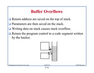 2-16
©2009 Raj Jain
CSE571S
Washington University in St. Louis
Buffer Overflows
Buffer Overflows
! Return address are saved on the top of stack.
! Parameters are then saved on the stack.
! Writing data on stack causes stack overflow.
! Return the program control to a code segment written
by the hacker.
 