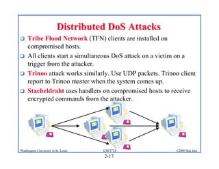 2-17
©2009 Raj Jain
CSE571S
Washington University in St. Louis
Distributed DoS Attacks
Distributed DoS Attacks
! Tribe Flood Network (TFN) clients are installed on
compromised hosts.
! All clients start a simultaneous DoS attack on a victim on a
trigger from the attacker.
! Trinoo attack works similarly. Use UDP packets. Trinoo client
report to Trinoo master when the system comes up.
! Stacheldraht uses handlers on compromised hosts to receive
encrypted commands from the attacker.
 