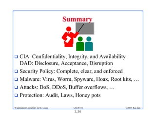 2-25
©2009 Raj Jain
CSE571S
Washington University in St. Louis
Summary
Summary
! CIA: Confidentiality, Integrity, and Availability
DAD: Disclosure, Acceptance, Disruption
! Security Policy: Complete, clear, and enforced
! Malware: Virus, Worm, Spyware, Hoax, Root kits, …
! Attacks: DoS, DDoS, Buffer overflows, …
! Protection: Audit, Laws, Honey pots
 