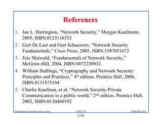 2-26
©2009 Raj Jain
CSE571S
Washington University in St. Louis
References
References
1. Jan L. Harrington, “Network Security,” Morgan Kaufmann,
2005, ISBN:0123116333
2. Gert De Laet and Gert Schauwers, “Network Security
Fundamentals,” Cisco Press, 2005, ISBN:1587051672
3. Eric Maiwald, “Fundamentals of Network Security,”
McGraw-Hill, 2004, ISBN:0072230932
4. William Stallings, “Cryptography and Network Security:
Principles and Practices,” 4th edition, Prentice Hall, 2006,
ISBN:0131873164
5. Charlie Kaufman, et al, “Network Security:Private
Communication in a public world,” 2nd edition, Prentice Hall,
2002, ISBN:0130460192
 