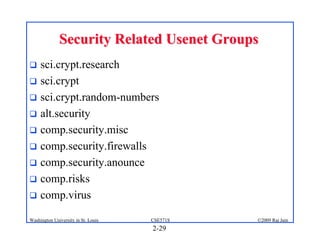 2-29
©2009 Raj Jain
CSE571S
Washington University in St. Louis
Security Related Usenet Groups
Security Related Usenet Groups
! sci.crypt.research
! sci.crypt
! sci.crypt.random-numbers
! alt.security
! comp.security.misc
! comp.security.firewalls
! comp.security.anounce
! comp.risks
! comp.virus
 