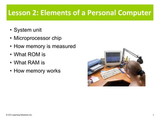 Lesson 2: Elements of a Personal Computer

    • System unit
    • Microprocessor chip
    • How memory is measured
    • What ROM is
    • What RAM is
    • How memory works




© CCI Learning Solutions Inc.                 1
 