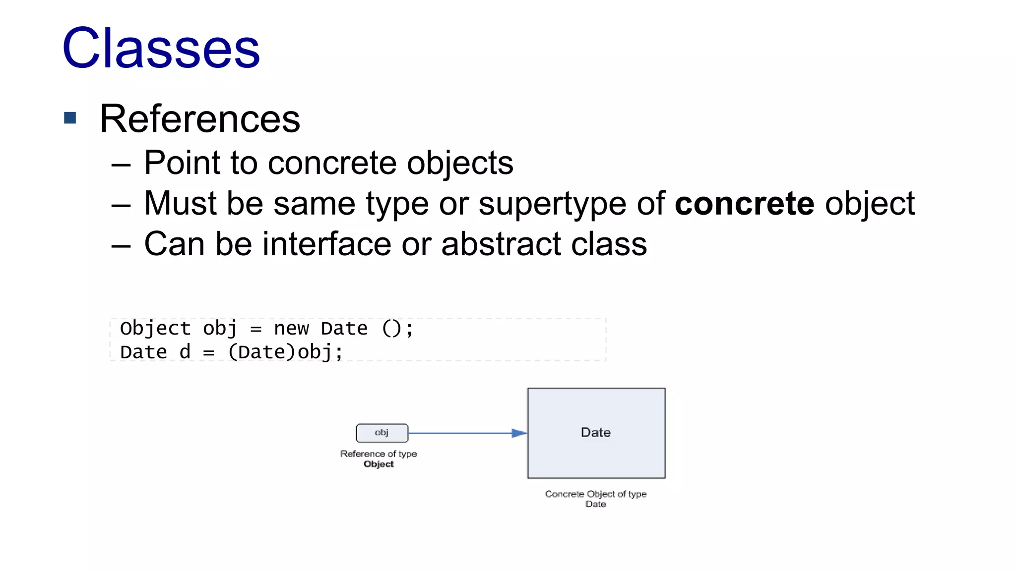 Classes
 References
– Point to concrete objects
– Must be same type or supertype of concrete object
– Can be interface or abstract class
Object obj = new Date ();
Date d = (Date)obj;
 