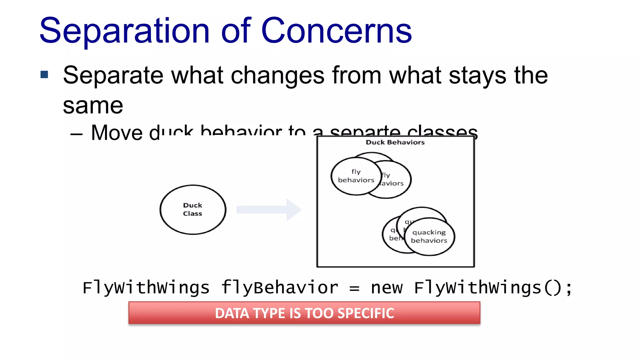 Separation of Concerns
 Separate what changes from what stays the
same
– Move duck behavior to a separte classes
FlyWithWings flyBehavior = new FlyWithWings();
DATA TYPE IS TOO SPECIFIC
 