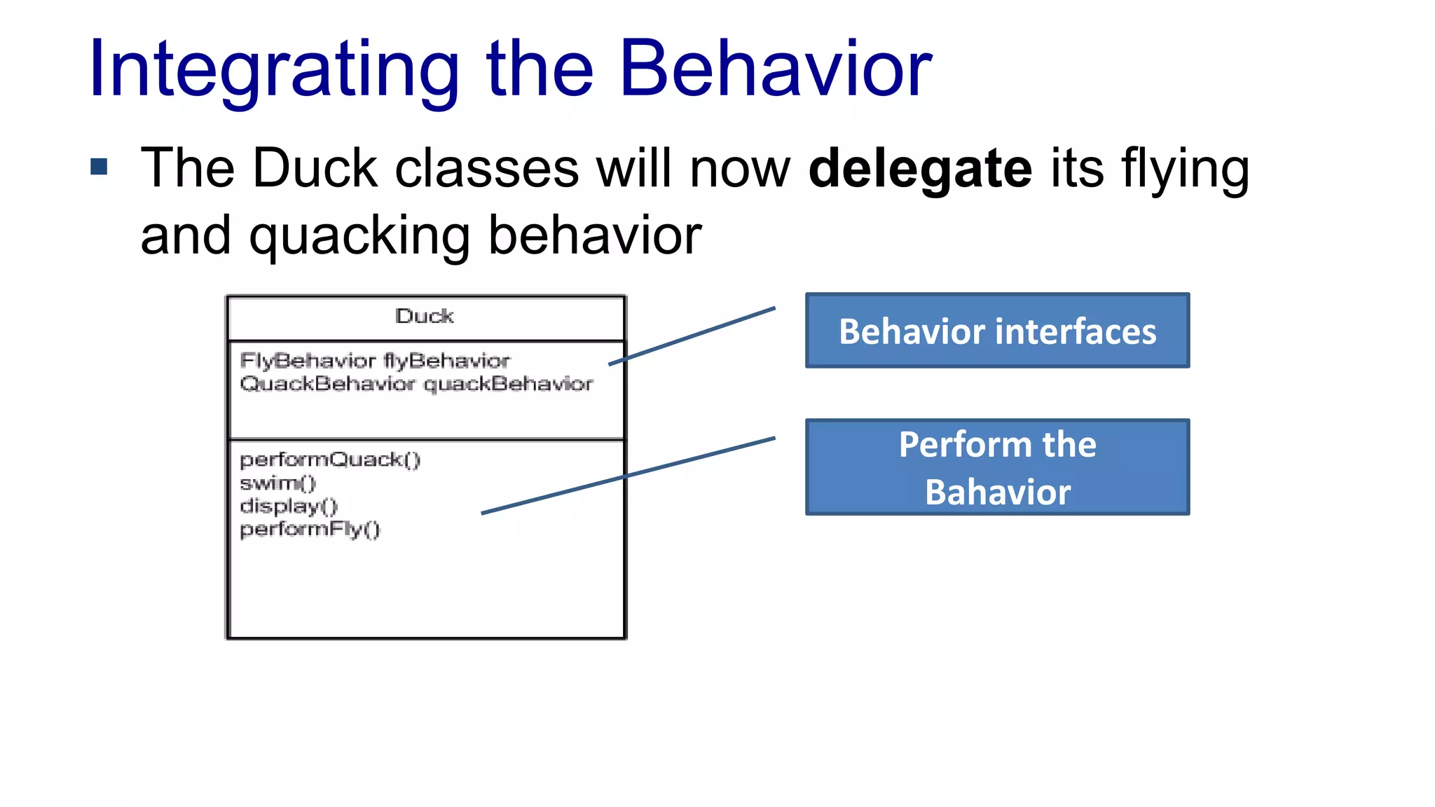 Integrating the Behavior
 The Duck classes will now delegate its flying
and quacking behavior
Behavior interfaces
Perform the
Bahavior
 