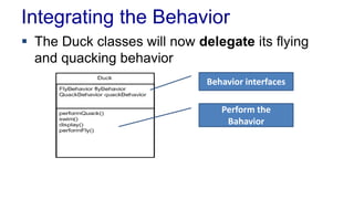 Integrating the Behavior
 The Duck classes will now delegate its flying
and quacking behavior
Behavior interfaces
Perform the
Bahavior
 