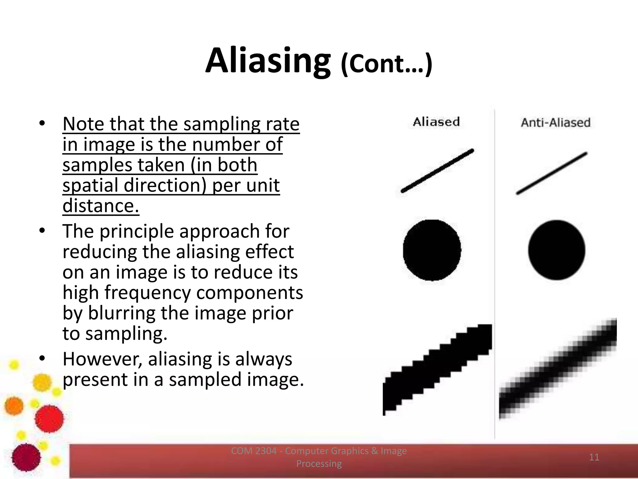Image File Formats
• Many image formats adhere to the simple model shown
below (line by line, no breaks between lines).
• The header contains at least the width and height of the
image.
• Most headers begin with a signature or “magic number” - a
short sequence of bytes for identifying the file format.
ICT2403 - Graphics & Image Processing
 