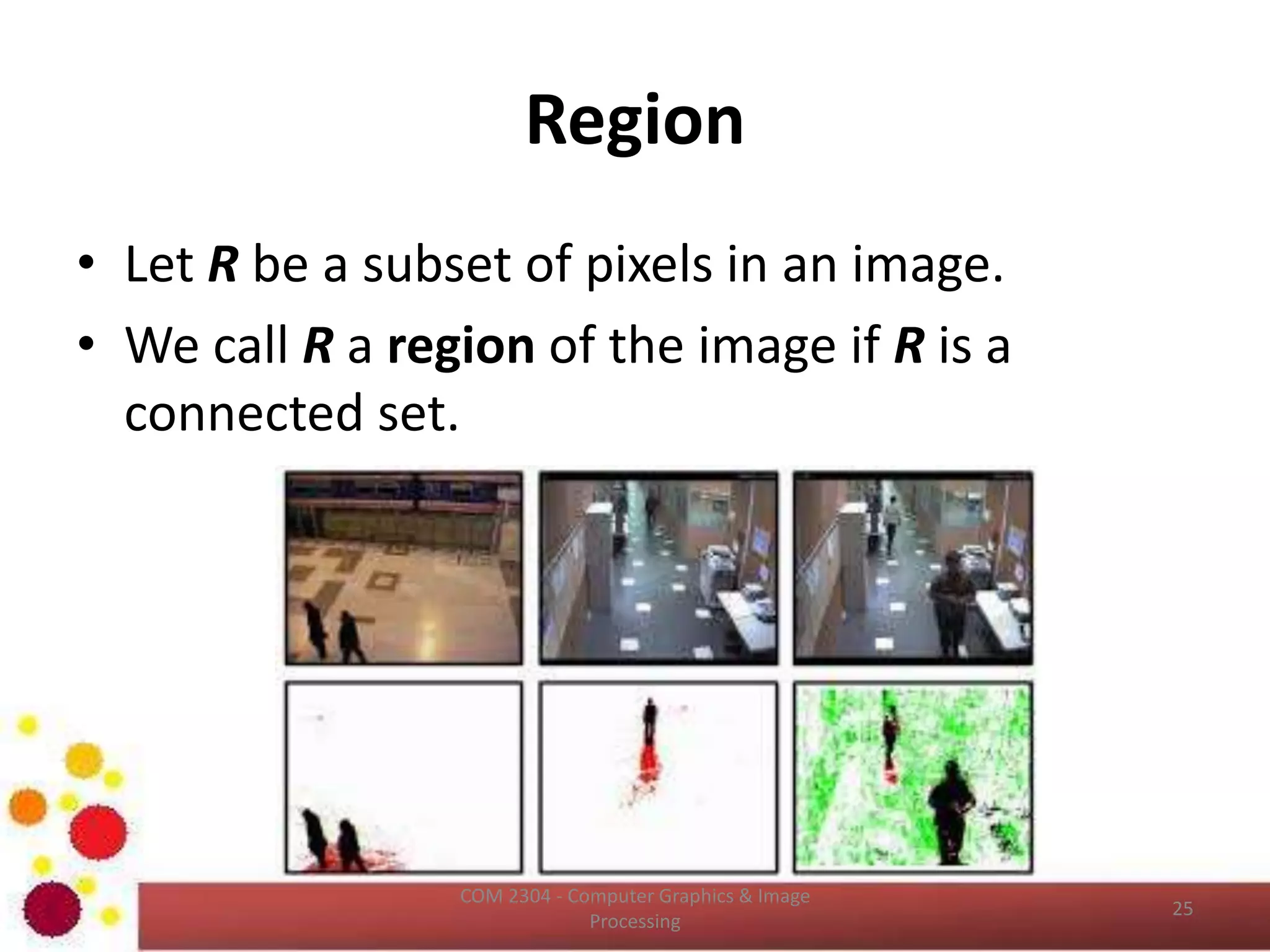 Neighbors of Pixels
• A pixel p at coordinates (x,y) has 4 neighbors ( (x+1, y), (x-1, y),
(x, y+1), (x, y-1) ). These four neighbors are denoted as N4(p)
• Four diagonal neighbors of p have coordinates ((x+1, y+1),
(x+1, y-1), (x-1, y+1), (x-1, y-1)). And are denoted by ND(p)
• Eight neighbors of P denoted as;
N8(p) = N4(p) + ND(p)
ICT2403 - Graphics & Image Processing
 