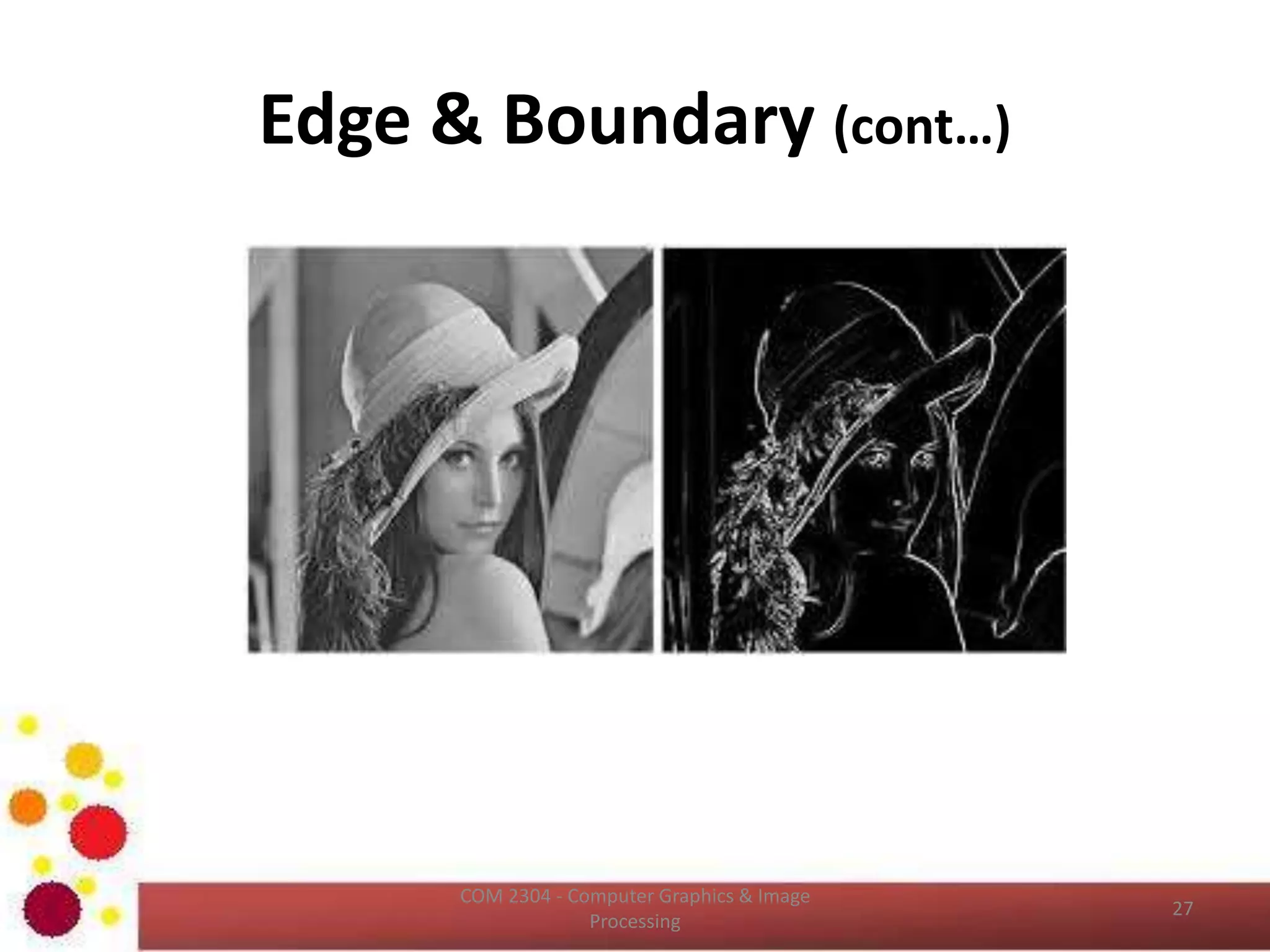 Adjacency of Pixels (Cont…)
• There are three types of adjacency;
– 4- adjacency – two pixels p and q with values from V are 4-
adjacent if q is in the set N4(p)
– 8-adjacancy - two pixels p and q with values from V are 8-
adjacent if q is in the set N8(p)
– m-adjacency (mixed adjacency) - two pixels p and q with values
from V are m-adjacent if q is in N4(p) or q is in ND(p) and the set
N4(p) intersect N4(q) has no pixels whose values are from V.
ICT2403 - Graphics & Image Processing
8-adjacancy m-adjacencyPixel Arrangement
 