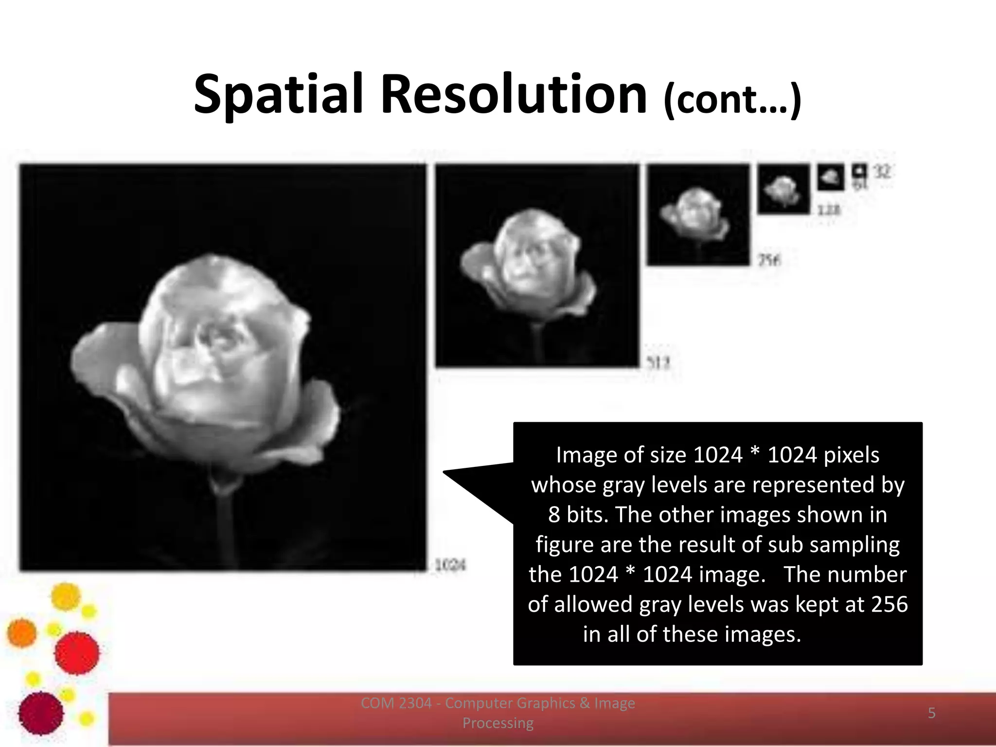 Spatial Resolution (cont…)
ICT2403 - Graphics & Image Processing
Image of size 1024 * 1024 pixels
whose gray levels are represented by
8 bits. The other images shown in
figure are the result of sub sampling
the 1024 * 1024 image. The number
of allowed gray levels was kept at 256
in all of these images.
 