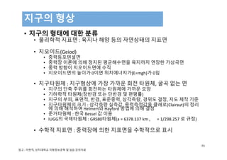 • 지구의 형태에 대한 분류
• 물리학적 지표면 : 육지나 해양 등의 자연상태의 지표면
• 지오이드(Geiod)
• 중력등포텐셜면
• 중력장 이론에 의해 정지된 평균해수면을 육지까지 연장한 가상곡면
• 중력 방향이 지오이드면에 수직
• 지오이드면의 높이가 0이면 위치에너지가(E=mgh)가 0임
• 지구타원체 : 지구형상에 가장 가까운 회전 타원체, 굴곡 없는 면
• 지구의 단축 주위를 회전하는 타원체에 가까운 모양
• 기하학적 타원체(장반경 또는 단반경 및 편평률)
• 지구의 부피, 표면적, 반경, 표준중력, 삼각측량, 경위도 결정, 지도 제작 기준
• 지구타원체의 크기 : 삼각측량 실측값, 중력측정값을 클레로(Clairaut)의 정리
에 의해 해석하여 Helmert와 Hayford 방법에 의해 결정
• 준거타원체 : 한국 Bessel 값 이용
• IUGG의 국제타원체 : GRS80타원체(a = 6378.137 km , 　 = 1/298.257 로 규정) 
• 수학적 지표면 : 중력장에 의한 지표면을 수학적으로 표시
지구의 형상
73
참고 : 이현직, 상지대학교 지형정보공학 및 실습 강의자료
 