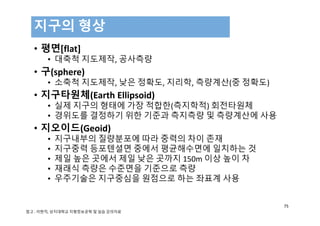 • 평면[flat]
• 대축척 지도제작, 공사측량
• 구(sphere)
• 소축척 지도제작, 낮은 정확도, 지리학, 측량계산(중 정확도) 
• 지구타원체(Earth Ellipsoid)
• 실제 지구의 형태에 가장 적합한(측지학적) 회전타원체
• 경위도를 결정하기 위한 기준과 측지측량 및 측량계산에 사용
• 지오이드(Geoid)
• 지구내부의 질량분포에 따라 중력의 차이 존재
• 지구중력 등포텐셜면 중에서 평균해수면에 일치하는 것
• 제일 높은 곳에서 제일 낮은 곳까지 150m 이상 높이 차
• 재래식 측량은 수준면을 기준으로 측량
• 우주기술은 지구중심을 원점으로 하는 좌표계 사용
지구의 형상
75
참고 : 이현직, 상지대학교 지형정보공학 및 실습 강의자료
 