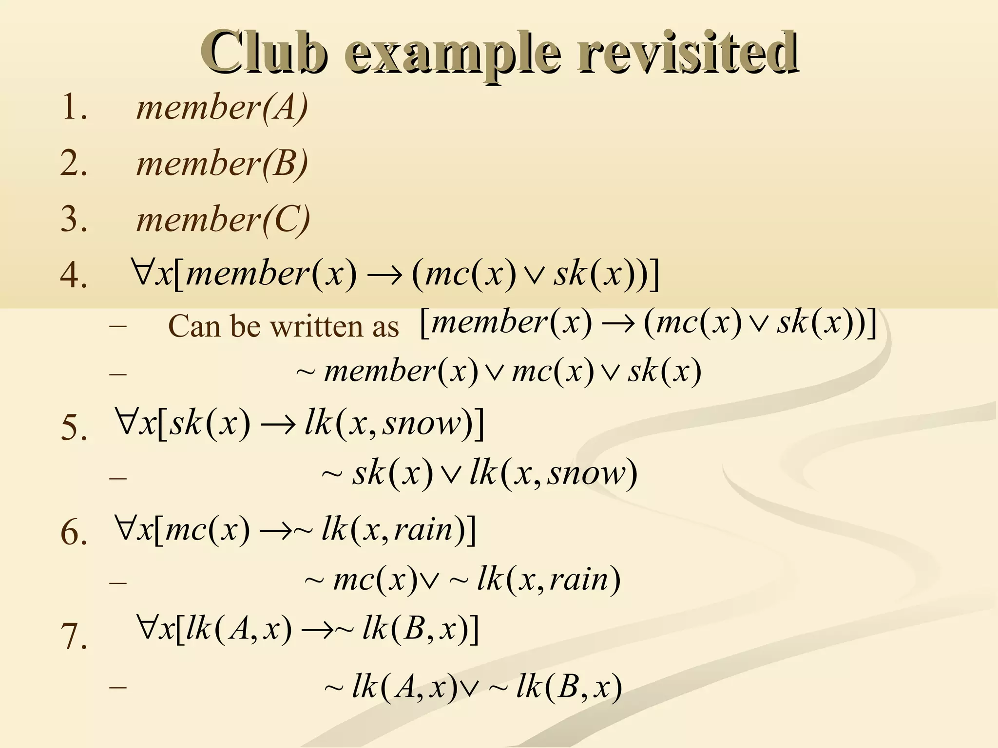 Club example revisitedClub example revisited
1. member(A)
2. member(B)
3. member(C)
4.
– Can be written as
–
5.
–
6.
–
7.
–
))]()(()([ xskxmcxmemberx ∨→∀
))]()(()([ xskxmcxmember ∨→
)()()(~ xskxmcxmember ∨∨
)],()([ snowxlkxskx →∀
),()(~ snowxlkxsk ∨
)],(~)([ rainxlkxmcx →∀
),(~)(~ rainxlkxmc ∨
)],(~),([ xBlkxAlkx →∀
),(~),(~ xBlkxAlk ∨
 