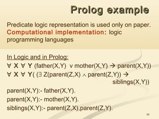 42
Prolog exampleProlog example
Predicate logic representation is used only on paper.
Computational implementation: logic
programming languages
In Logic and in Prolog:
∀ X ∀ Y (father(X,Y) v mother(X,Y)  parent(X,Y))
∀ X ∀ Y( (∃ Z(parent(Z,X) ∧ parent(Z,Y)) 
siblings(X,Y))
parent(X,Y):- father(X,Y).
parent(X,Y):- mother(X,Y).
siblings(X,Y):- parent(Z,X),parent(Z,Y).
 