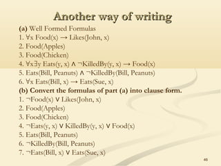 Another way of writingAnother way of writing
46
(a) Well Formed Formulas
1.  x Food(x) → Likes(John, x)∀
2. Food(Apples)
3. Food(Chicken)
4.  x y Eats(y, x)   ¬KilledBy(y, x) → Food(x)∀ ∃ ∧
5. Eats(Bill, Peanuts)   ¬KilledBy(Bill, Peanuts)∧
6.  x Eats(Bill, x) → Eats(Sue, x)∀
(b) Convert the formulas of part (a) into clause form.
1. ¬Food(x)   Likes(John, x)∨
2. Food(Apples)
3. Food(Chicken)
4. ¬Eats(y, x)   KilledBy(y, x)   Food(x)∨ ∨
5. Eats(Bill, Peanuts)
6. ¬KilledBy(Bill, Peanuts)
7. ¬Eats(Bill, x)   Eats(Sue, x)∨
 
