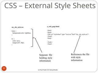 CSS – External Style Sheets
my_site_style.css:
body {
background-color: lightblue;
}
h1 {
color: navy;
margin-left: 20px;
}
a_web_page.html:
<html>
<head>
<link rel="stylesheet" type="text/css" href="my_site_style.css">
</head>
<body>
…
</body>
</html>
References the file
with style
information
Separate file
holding style
information
33
(c) Paul Fodor (CS Stony Brook)
 
